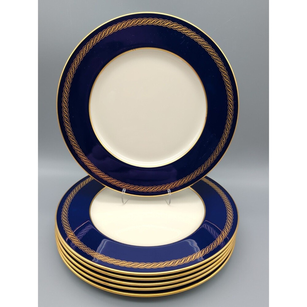 Vtg Lenox Marshall Fields Villa Blue Cobalt Gold Dinner Plates Set Of 6